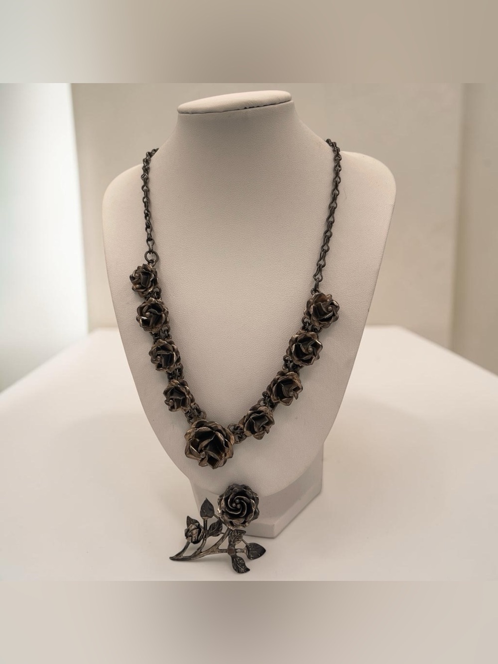 Artisan Signed Mexican Sterling Silver Rose Necklace & Brooch Set